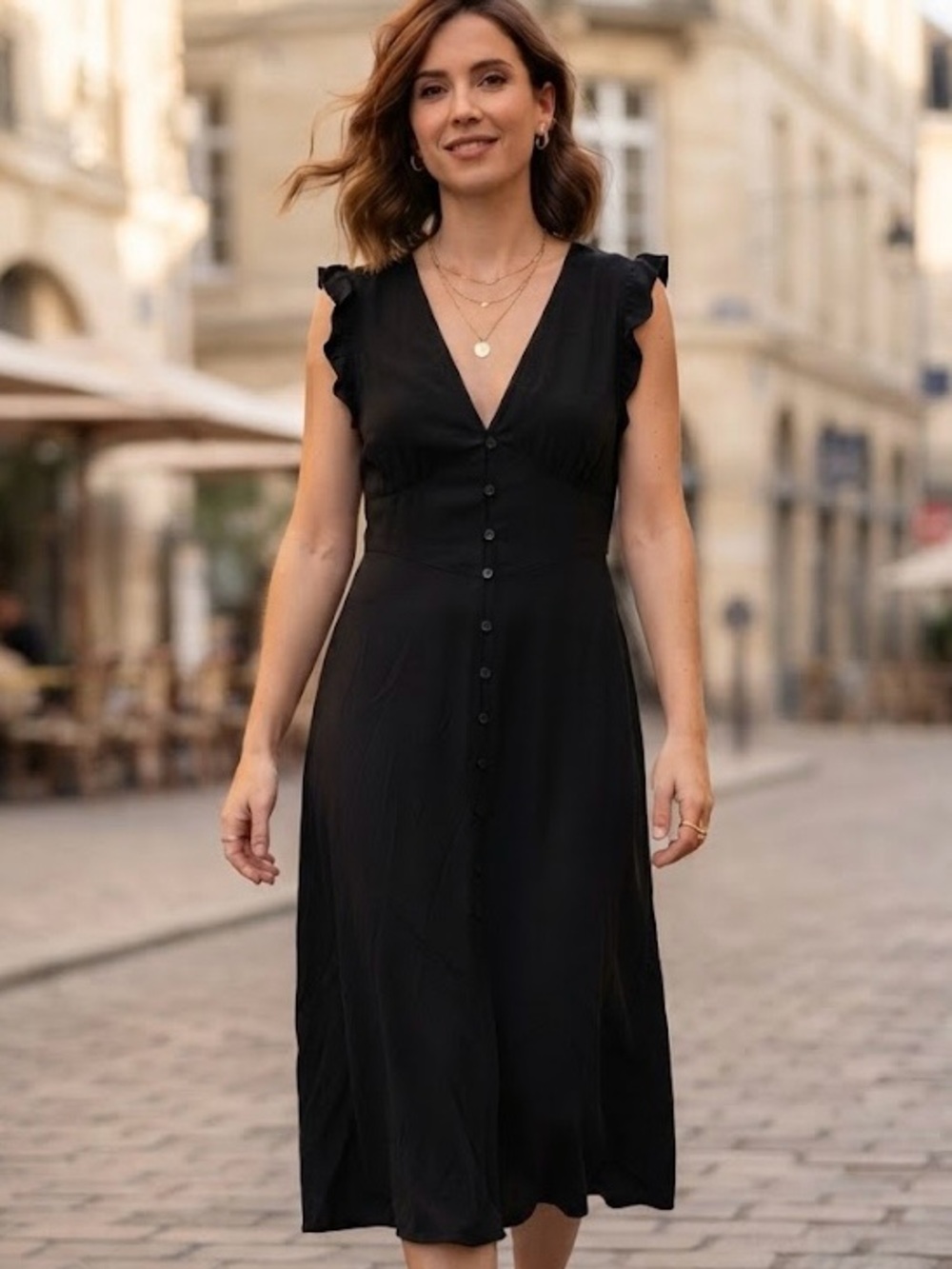 Aritzia Sunday Best Little Black Dress Ruffle Trim V-Neck Midi LBD Minimalist 10